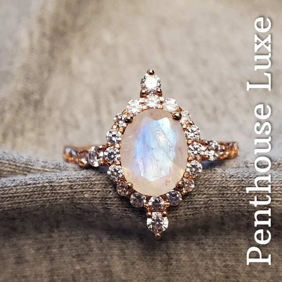 REAL Moonstone Radiant Oval Cut Halo Ring - Picture 7 of 9
